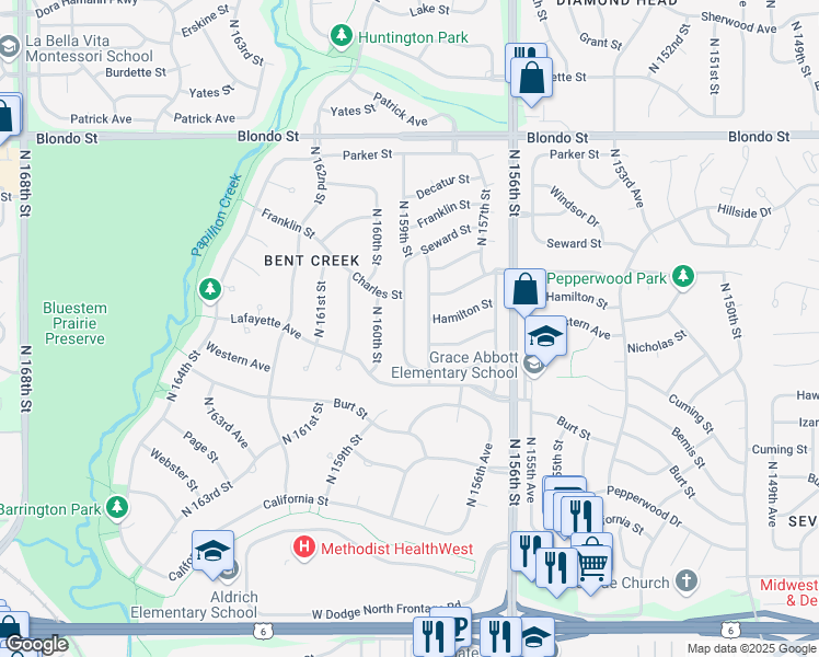 map of restaurants, bars, coffee shops, grocery stores, and more near 1411 North 159th Street in Omaha