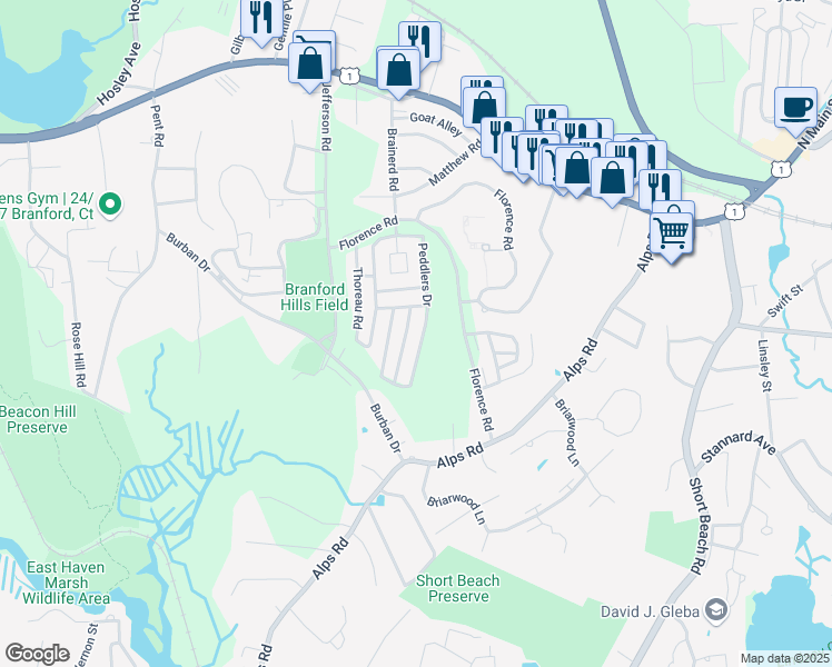 map of restaurants, bars, coffee shops, grocery stores, and more near 149 Peddlers Drive in Branford