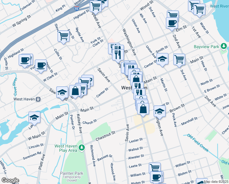 map of restaurants, bars, coffee shops, grocery stores, and more near 738 Savin Avenue in West Haven