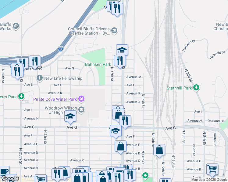 map of restaurants, bars, coffee shops, grocery stores, and more near 1603 Avenue L in Council Bluffs