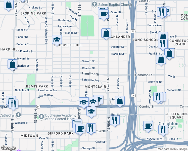 map of restaurants, bars, coffee shops, grocery stores, and more near 1409 North 32nd Street in Omaha