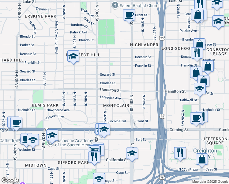 map of restaurants, bars, coffee shops, grocery stores, and more near 1409 North 32nd Street in Omaha