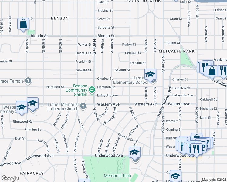 map of restaurants, bars, coffee shops, grocery stores, and more near 5740 Hamilton Street in Omaha