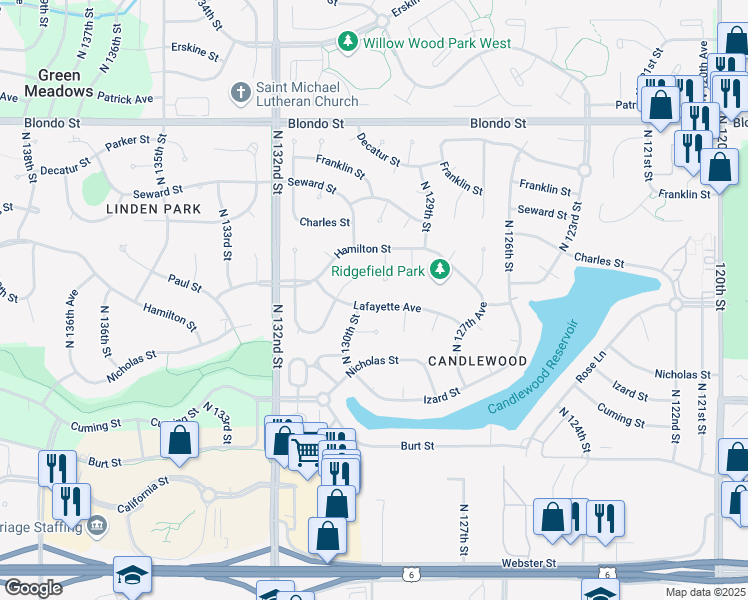 map of restaurants, bars, coffee shops, grocery stores, and more near 1331 North 131st Circle in Omaha