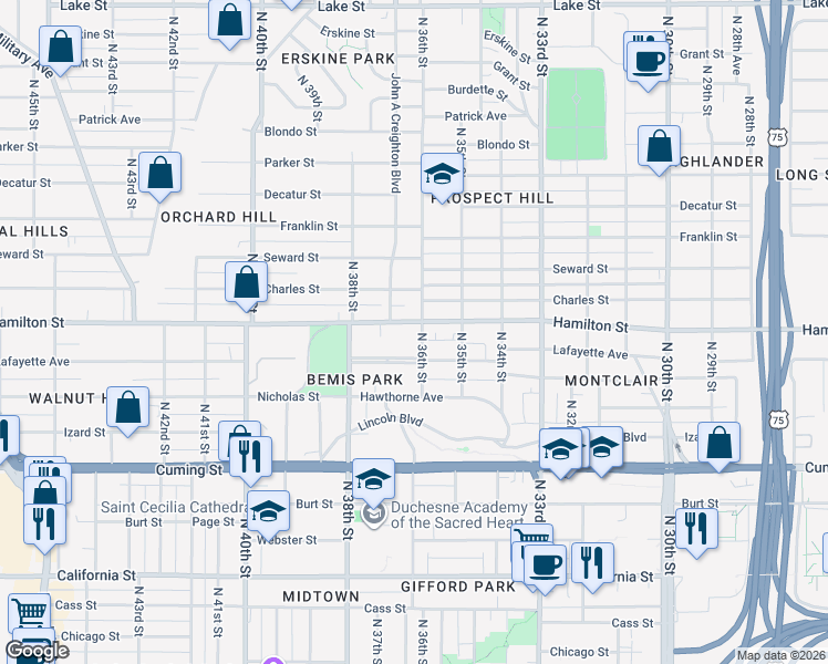 map of restaurants, bars, coffee shops, grocery stores, and more near 3610 Hamilton Street in Omaha