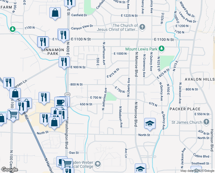 map of restaurants, bars, coffee shops, grocery stores, and more near 609 800 North Street in Ogden