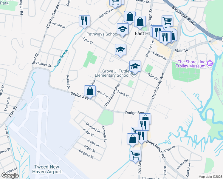 map of restaurants, bars, coffee shops, grocery stores, and more near 77 Frank Street in East Haven