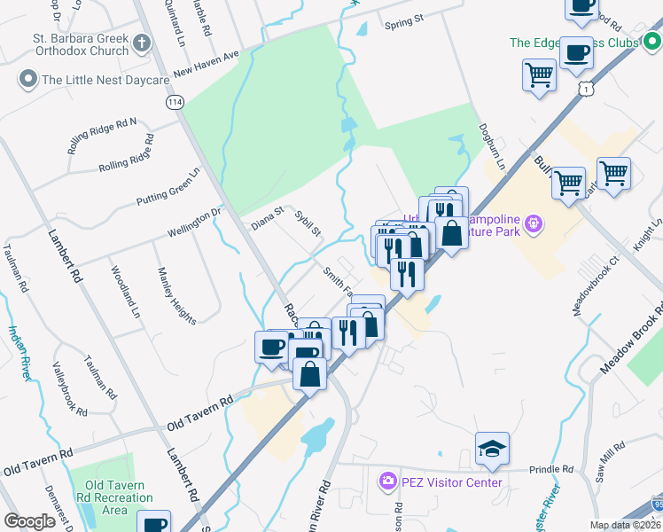 map of restaurants, bars, coffee shops, grocery stores, and more near 335 Smith Farm Road in Orange