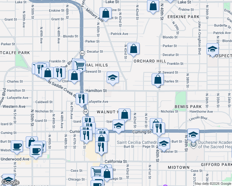 map of restaurants, bars, coffee shops, grocery stores, and more near 4333 Charles Street in Omaha