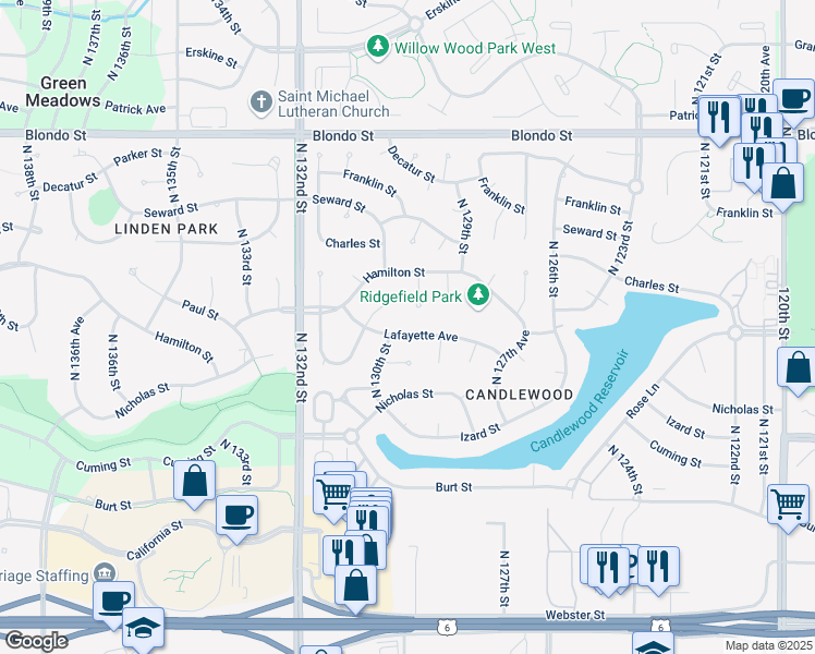 map of restaurants, bars, coffee shops, grocery stores, and more near 1331 North 131st Circle in Omaha