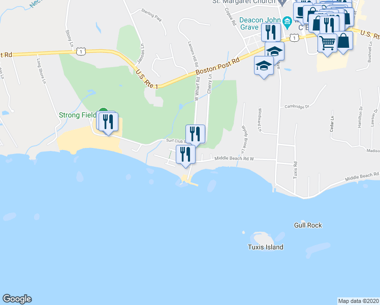 map of restaurants, bars, coffee shops, grocery stores, and more near 76 West Wharf Road in Madison