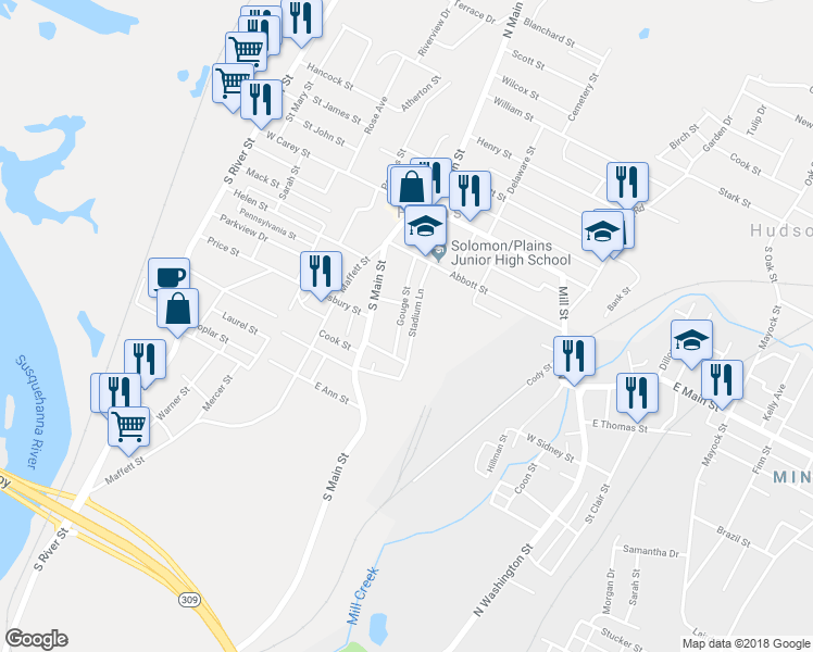 map of restaurants, bars, coffee shops, grocery stores, and more near 146 Gouge Street in Wilkes-Barre