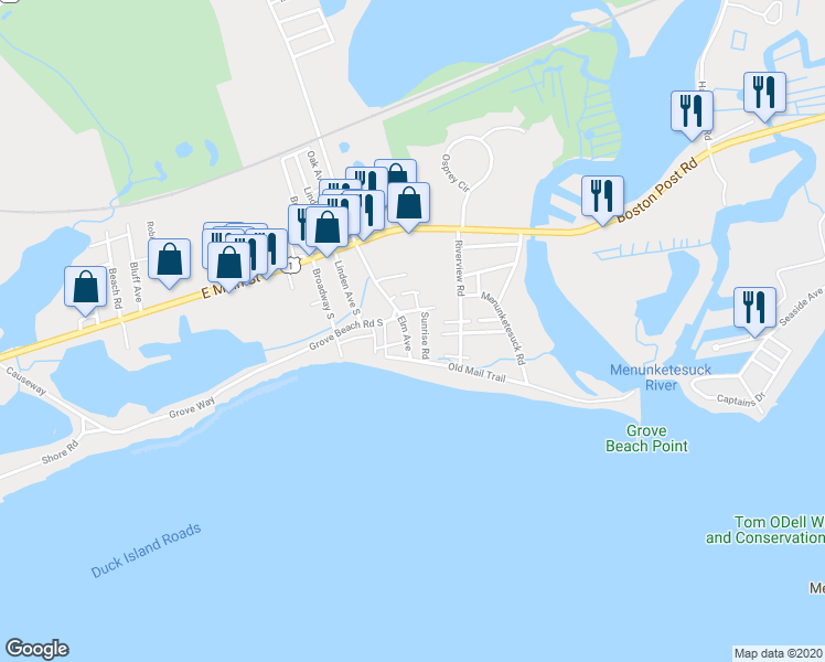 map of restaurants, bars, coffee shops, grocery stores, and more near 22 Elm Avenue in Westbrook