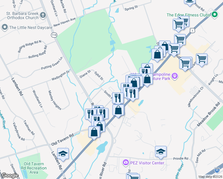 map of restaurants, bars, coffee shops, grocery stores, and more near 335 Smith Farm Road in Orange