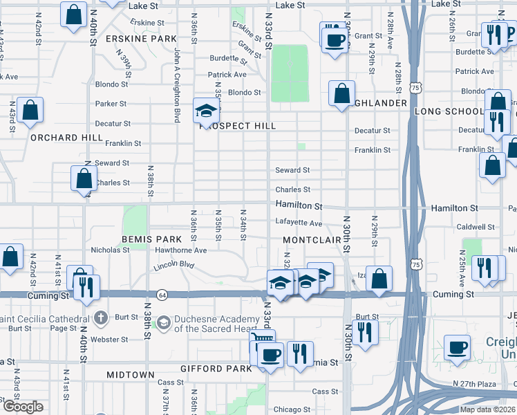 map of restaurants, bars, coffee shops, grocery stores, and more near 3320 Hamilton Street in Omaha