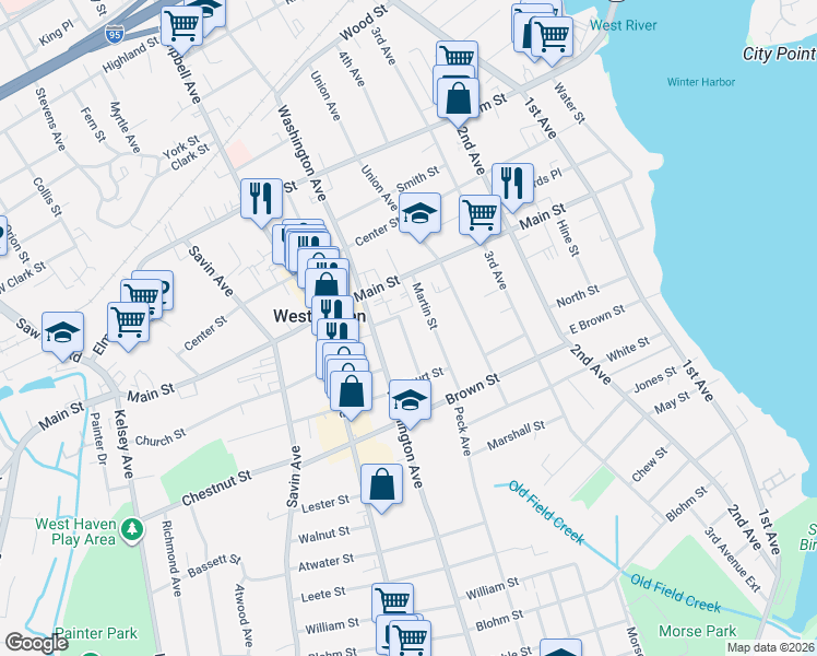 map of restaurants, bars, coffee shops, grocery stores, and more near 71 Washington Manor Avenue in West Haven