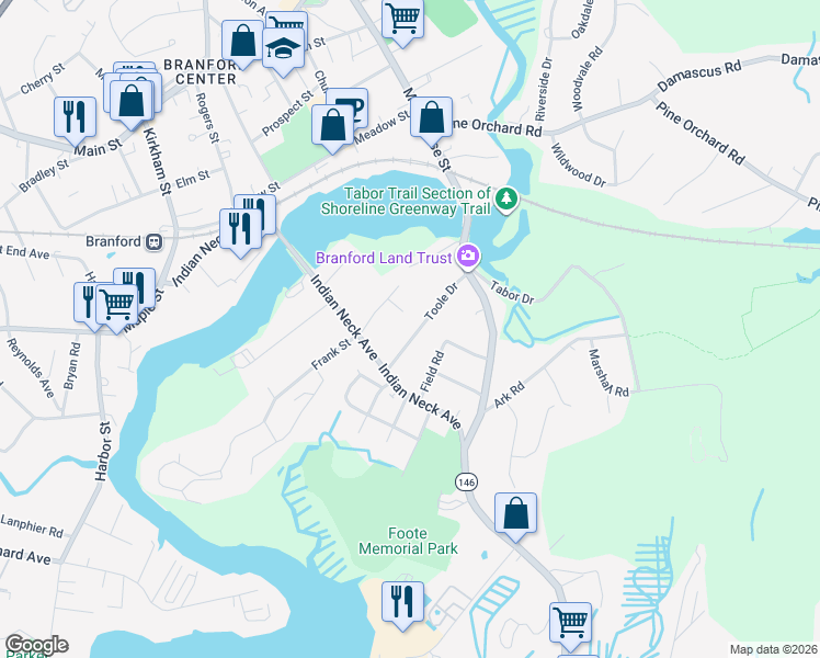 map of restaurants, bars, coffee shops, grocery stores, and more near 23 Weir Street in Branford