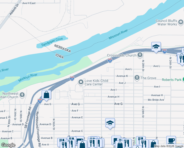 map of restaurants, bars, coffee shops, grocery stores, and more near 3240 Avenue K in Council Bluffs