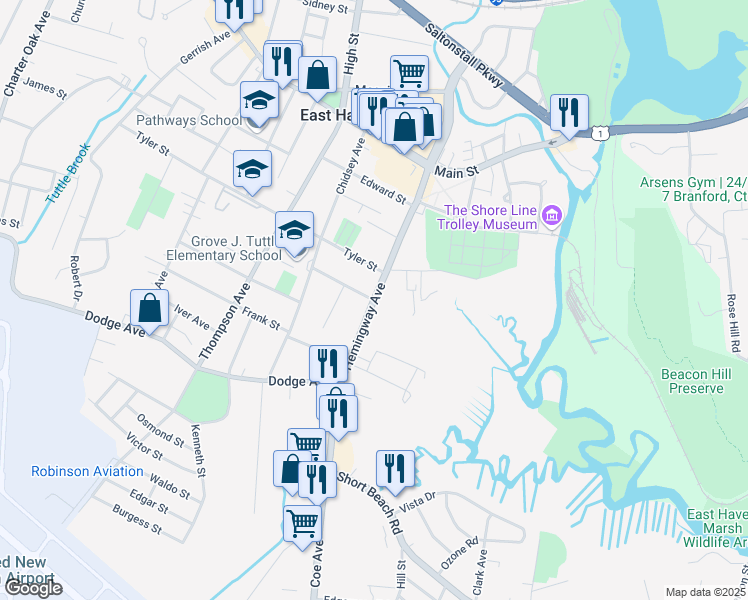 map of restaurants, bars, coffee shops, grocery stores, and more near Connecticut 142 in East Haven