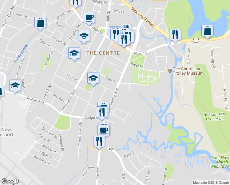 map of restaurants, bars, coffee shops, grocery stores, and more near Connecticut 142 in East Haven