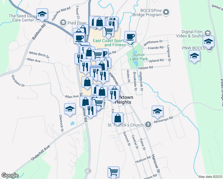 map of restaurants, bars, coffee shops, grocery stores, and more near 240 Underhill Avenue in Yorktown Heights