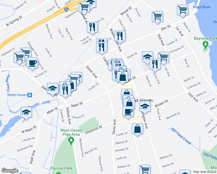 map of restaurants, bars, coffee shops, grocery stores, and more near 711 Savin Avenue in West Haven