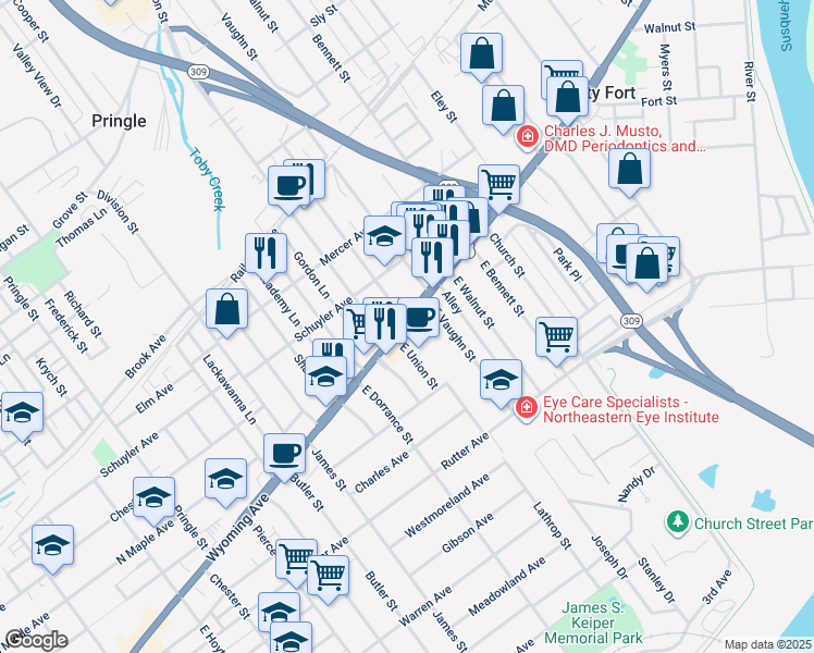 map of restaurants, bars, coffee shops, grocery stores, and more near 693 Wyoming Avenue in Kingston