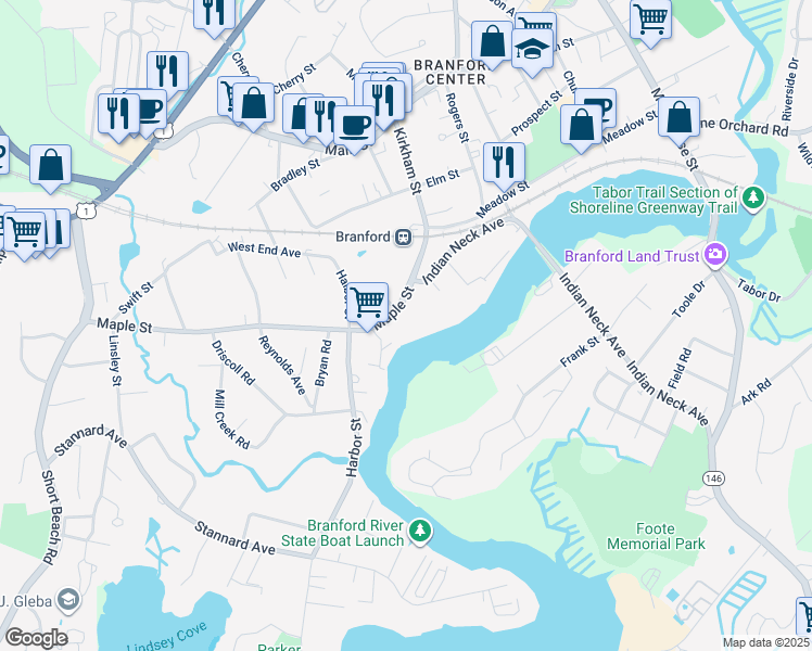 map of restaurants, bars, coffee shops, grocery stores, and more near in Branford