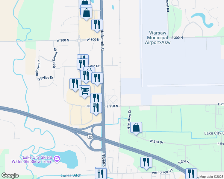 map of restaurants, bars, coffee shops, grocery stores, and more near 436 W 250 N in Warsaw