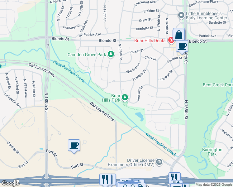 map of restaurants, bars, coffee shops, grocery stores, and more near Papillion Trail (Westbound) in Omaha