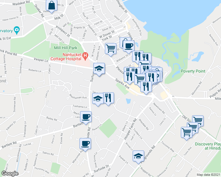 map of restaurants, bars, coffee shops, grocery stores, and more near 48 Sparks Avenue in Nantucket