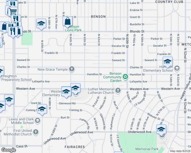 map of restaurants, bars, coffee shops, grocery stores, and more near 6318 Hamilton Street in Omaha