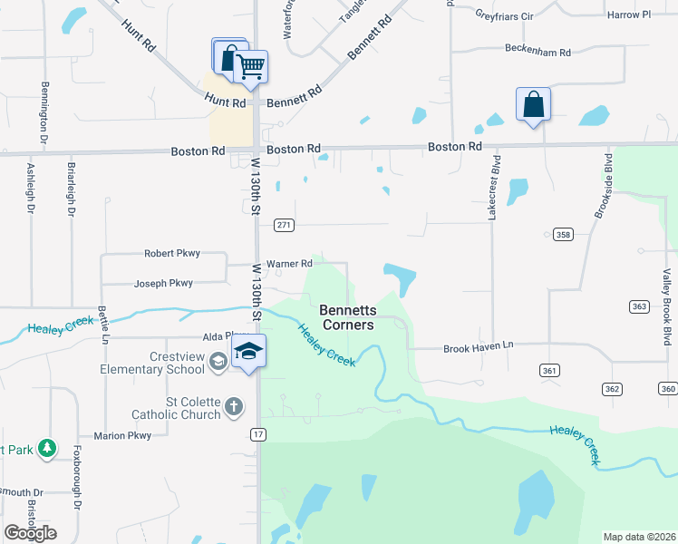 map of restaurants, bars, coffee shops, grocery stores, and more near 2657 Warner Road in Hinckley