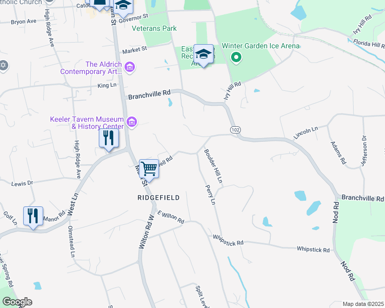 map of restaurants, bars, coffee shops, grocery stores, and more near 57 Rockwell Road in Ridgefield
