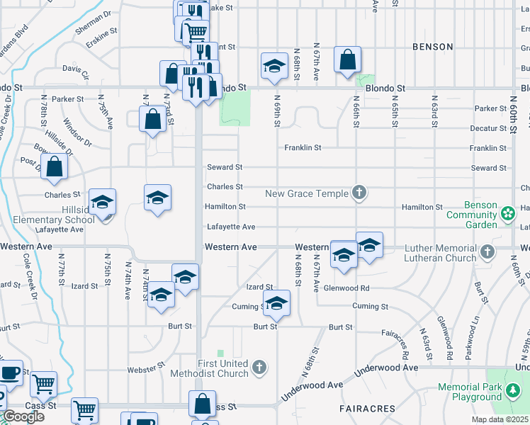 map of restaurants, bars, coffee shops, grocery stores, and more near 6915 Hamilton Street in Omaha