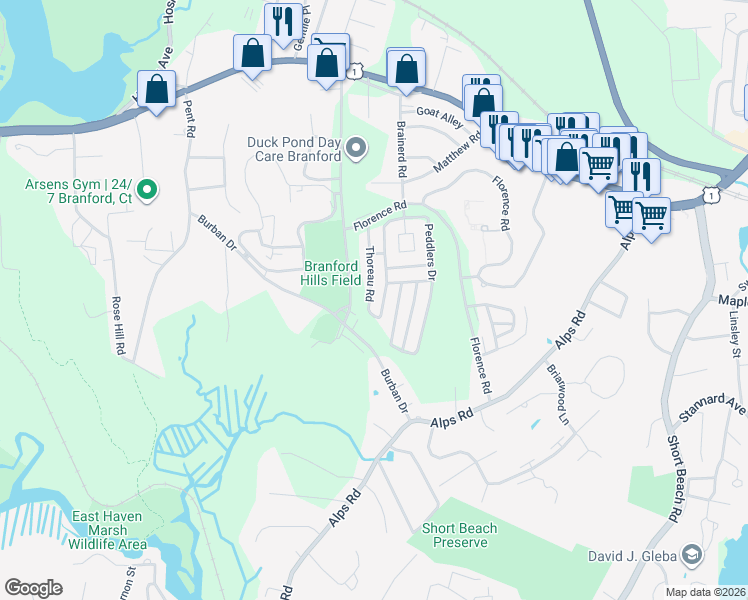 map of restaurants, bars, coffee shops, grocery stores, and more near 437 Thoreau Road in Branford