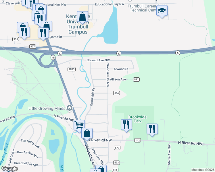map of restaurants, bars, coffee shops, grocery stores, and more near 809 Allison Avenue Northwest in Warren