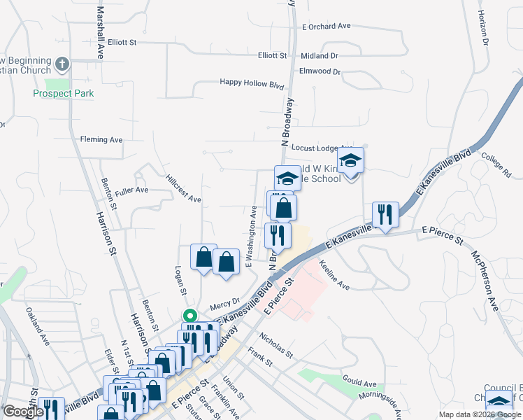 map of restaurants, bars, coffee shops, grocery stores, and more near 1214 East Washington Avenue in Council Bluffs