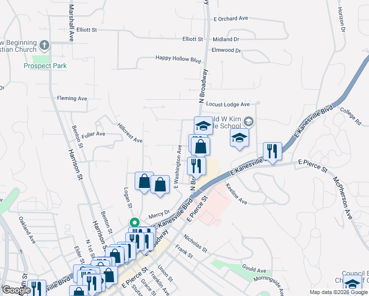 map of restaurants, bars, coffee shops, grocery stores, and more near 1214 East Washington Avenue in Council Bluffs