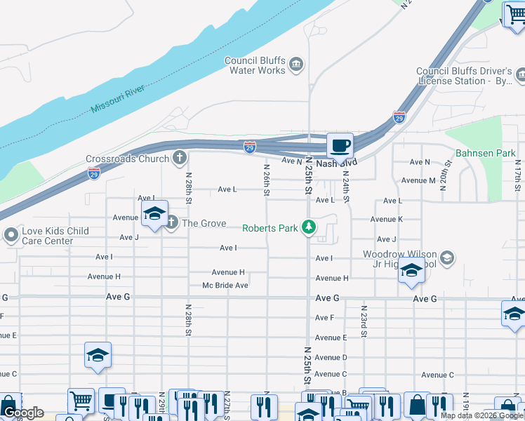 map of restaurants, bars, coffee shops, grocery stores, and more near 1038 North 26th Street in Council Bluffs