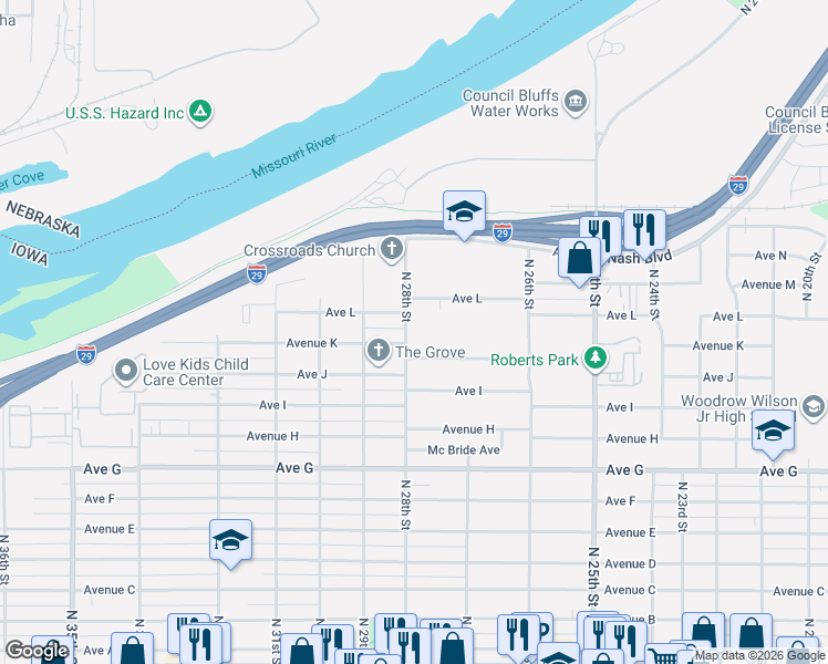 map of restaurants, bars, coffee shops, grocery stores, and more near 1109 North 28th Street in Council Bluffs