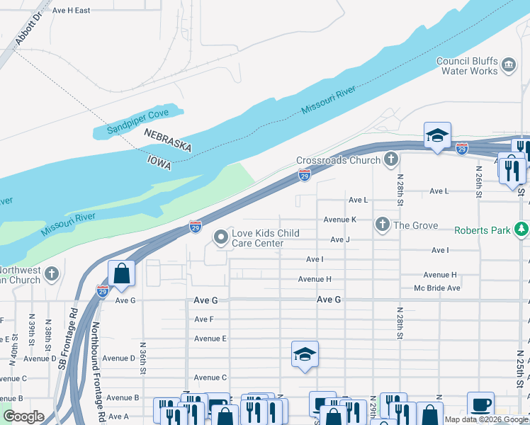 map of restaurants, bars, coffee shops, grocery stores, and more near 3240 Avenue K in Council Bluffs