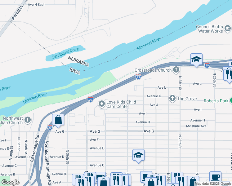 map of restaurants, bars, coffee shops, grocery stores, and more near 3240 Avenue K in Council Bluffs