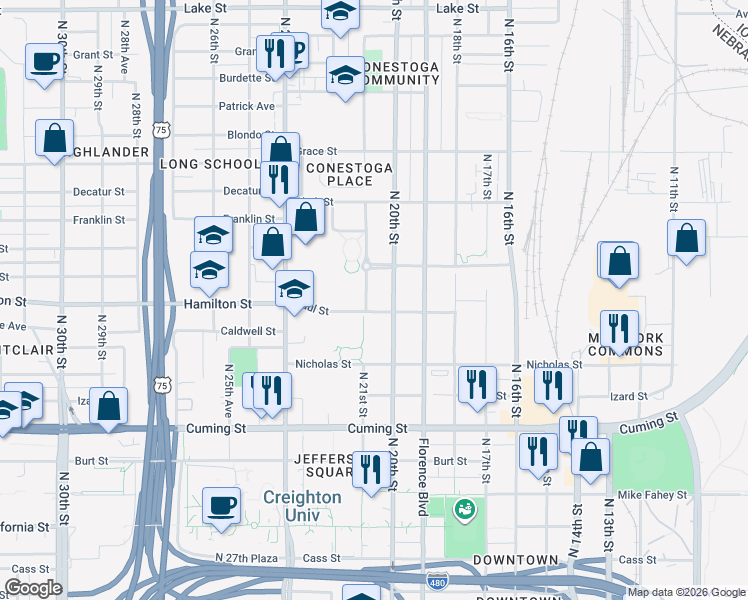 map of restaurants, bars, coffee shops, grocery stores, and more near 1421 North 21st Street in Omaha