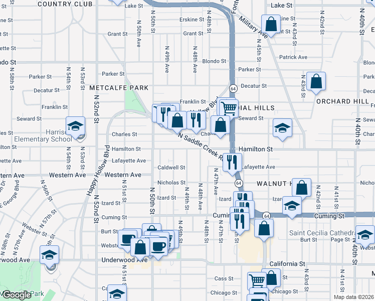 map of restaurants, bars, coffee shops, grocery stores, and more near 4906 Hamilton Street in Omaha