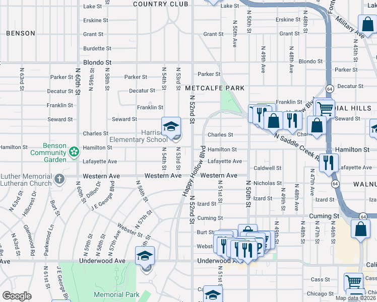 map of restaurants, bars, coffee shops, grocery stores, and more near 5208 Hamilton Street in Omaha