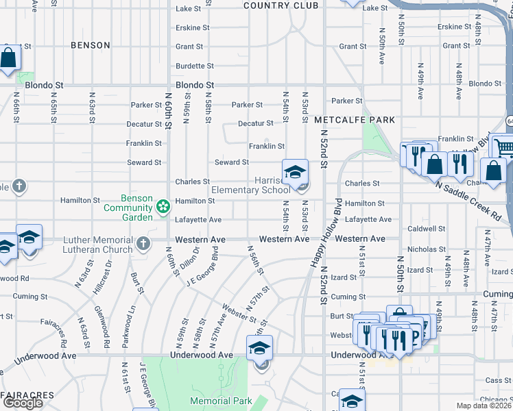 map of restaurants, bars, coffee shops, grocery stores, and more near 1402 North 56th Street in Omaha