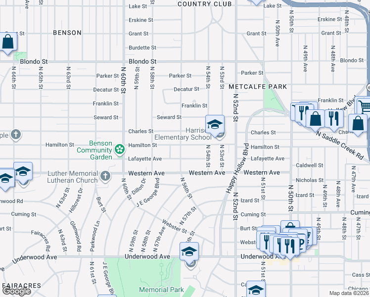 map of restaurants, bars, coffee shops, grocery stores, and more near 1402 North 56th Street in Omaha