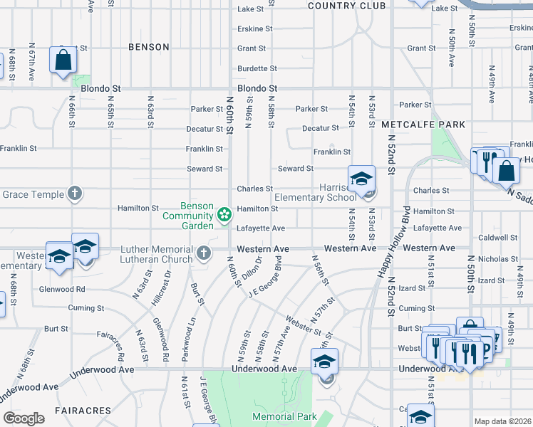 map of restaurants, bars, coffee shops, grocery stores, and more near 5812 Hamilton Street in Omaha
