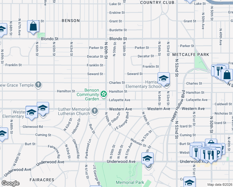 map of restaurants, bars, coffee shops, grocery stores, and more near 5812 Hamilton Street in Omaha